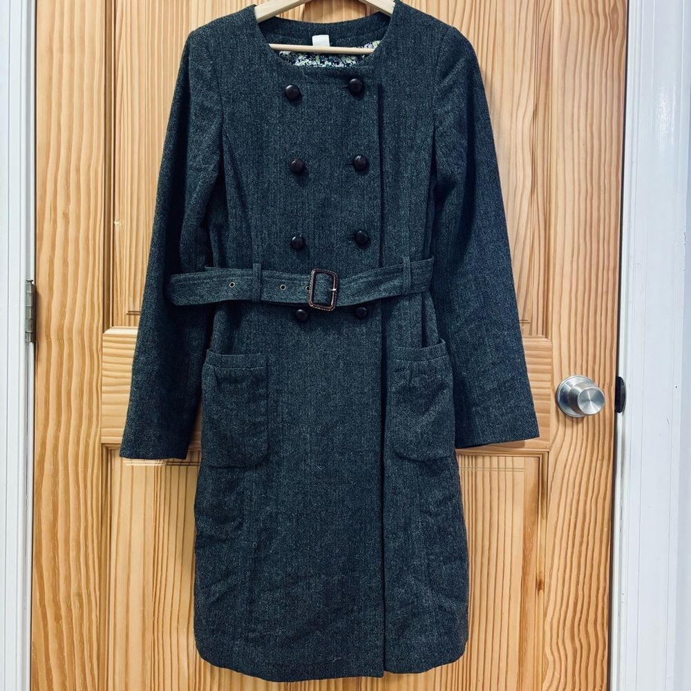 J Crew gray wool double breasted long trench coat jacket with belt and pockets 4